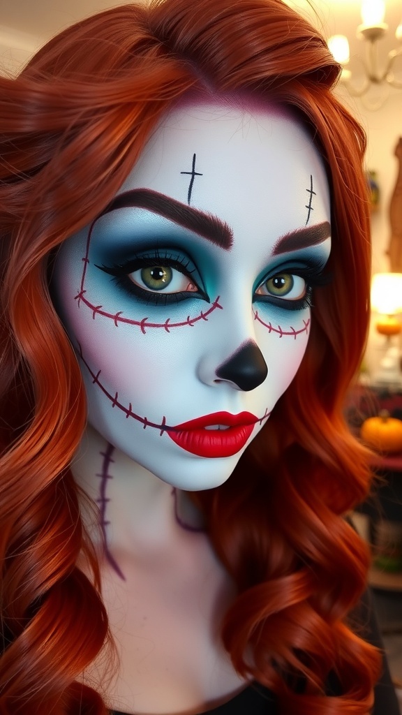 Close-up of Sally makeup with pale skin, stitched details, blue and green eyeshadow, and red lips.